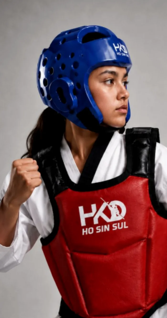 Practicante de Hapkido con casco y pechera de competencia HKD