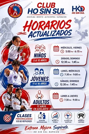 Flyer con los horarios actualizados del Club Ho Sin Sul