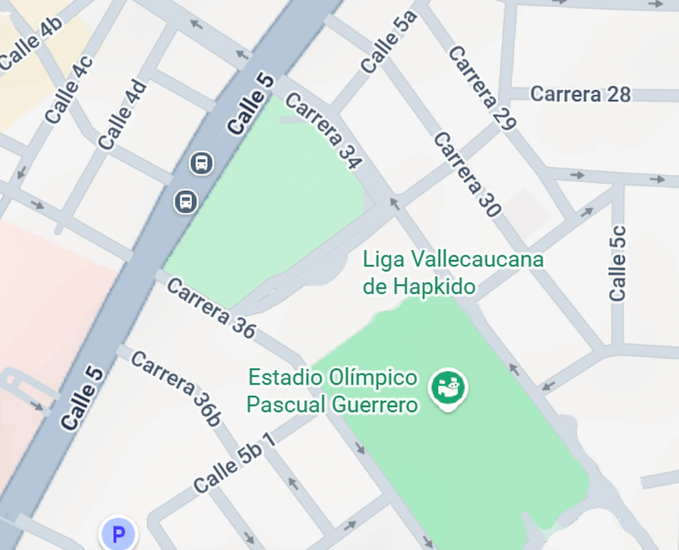 Mapa de San Fernando, Cali: la sede está sobre la Calle 5b, frente al Parque Panamericano y junto al Estadio Olímpico Pascual Guerrero.